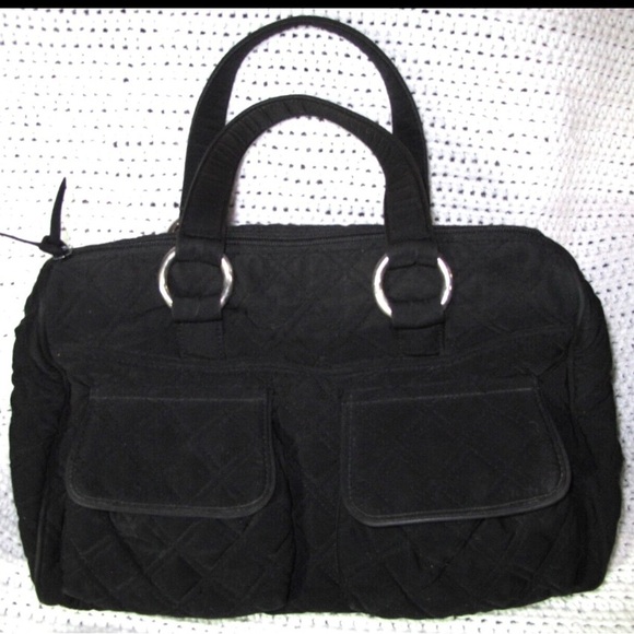 Vera Bradley Handbags - Vera Bradley Solid Black Cargo Satchel Bag Purse Quilted 2 out Pocket Retired EC
